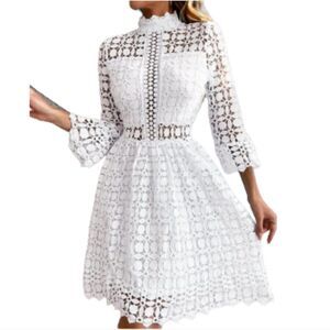 💲2️⃣0️⃣ Bundled ✔️Guipure Paneled Romantic Fit n Flare Lace Dress in White
